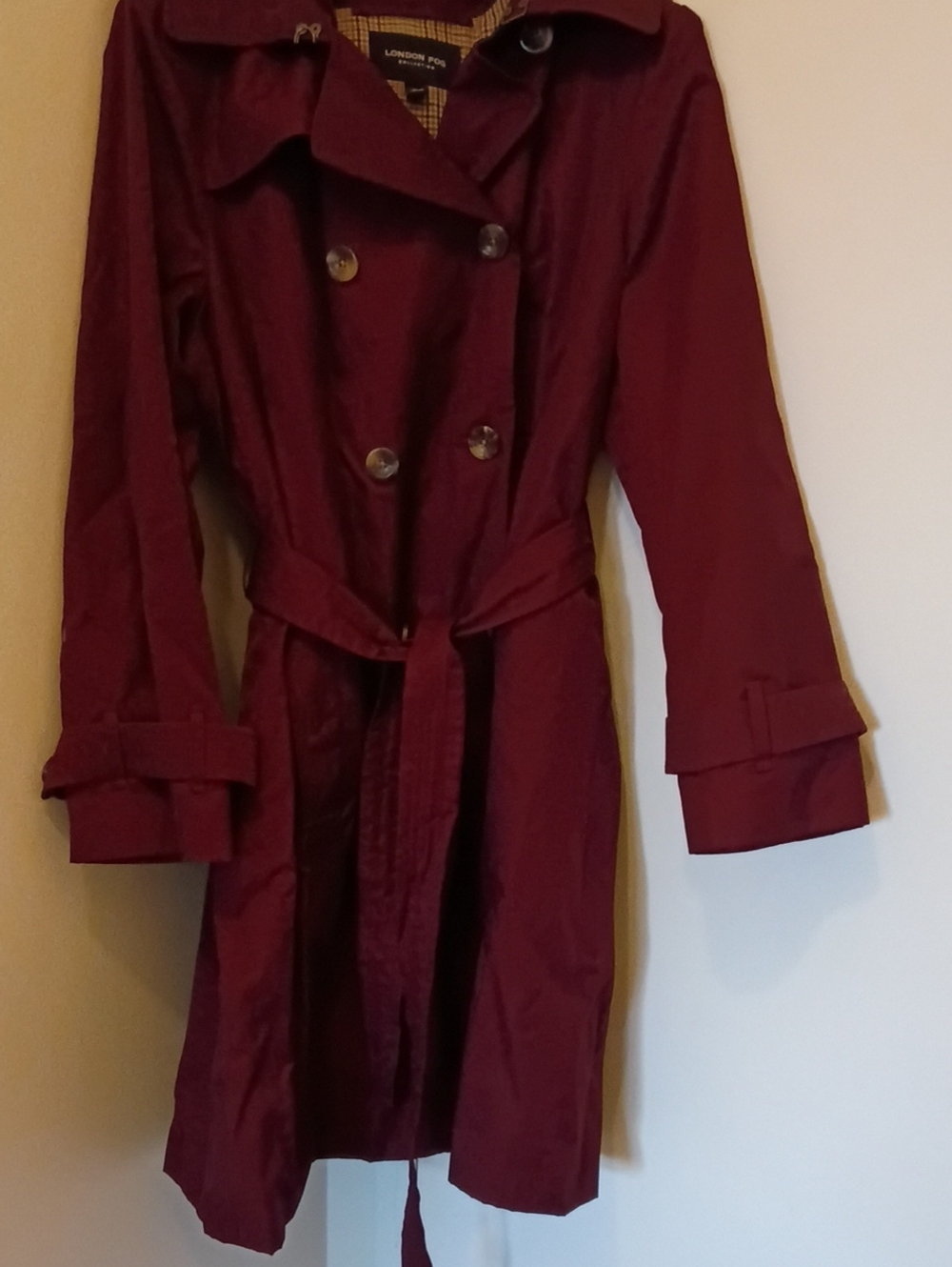 London Fog Women's Burgundy Double-Breasted Trench Coat with Belt